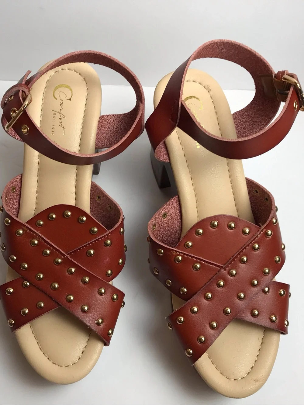 Brown Stud-Accent Platform Sandals with Ankle Strap
